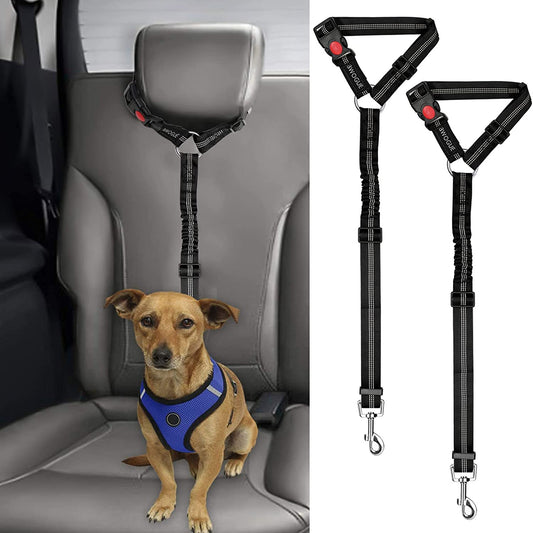 2 Packs Dog Cat Safety Seat Belt Strap Car Headrest Restraint Adjustable Nylon Fabric Dog Restraints Vehicle Seatbelts Harness Black Elastic Bungee