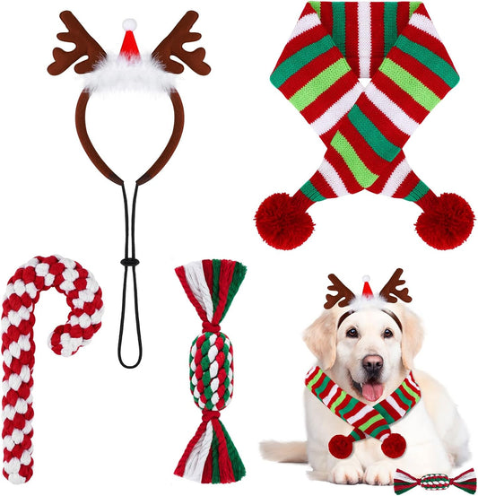 4 Pack Dog Costume Christmas Pet Costume Accessories Including Reindeer Antlers Headband Pet Scarf with Christmas Pet Chew Toys Dog Rope Toy Candy and Christmas Cane