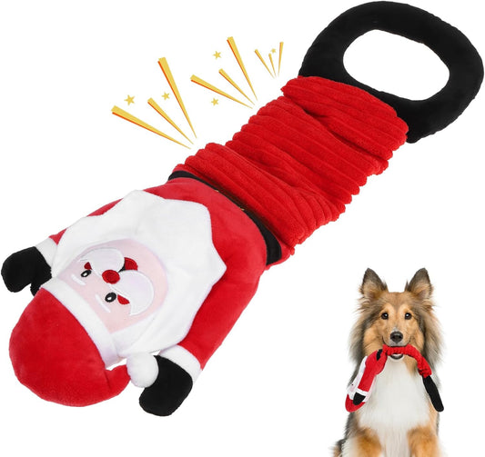 Christmas Santa Dog Toys, Tough Plush Dog Chew & Squeaky Toys with Crinkle Paper, Interactive Training & Tug of War Puppy Teething Toy for Indoor Outdoor Play for Small Medium Large Dogs