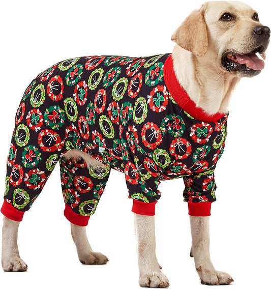 Dog Christmas Onesies for Large Dogs, Xmas Holiday Dog Costume,Long Sleeve Lightweight Pullover, Joy Holiday Wreaths Black Prints, Pjs for Dogs, Pitbull Clothes, Christmas Outfit, 2XL