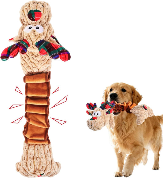 Christmas Dog Toys, Christmas Squeaky Dog Chew Toys Reindeer Plush Stuffed Squeaky Dog Toys with Crinkle Paper Interactive Chew Toys for Dogs Puppy Teething (Spring Reindeer)